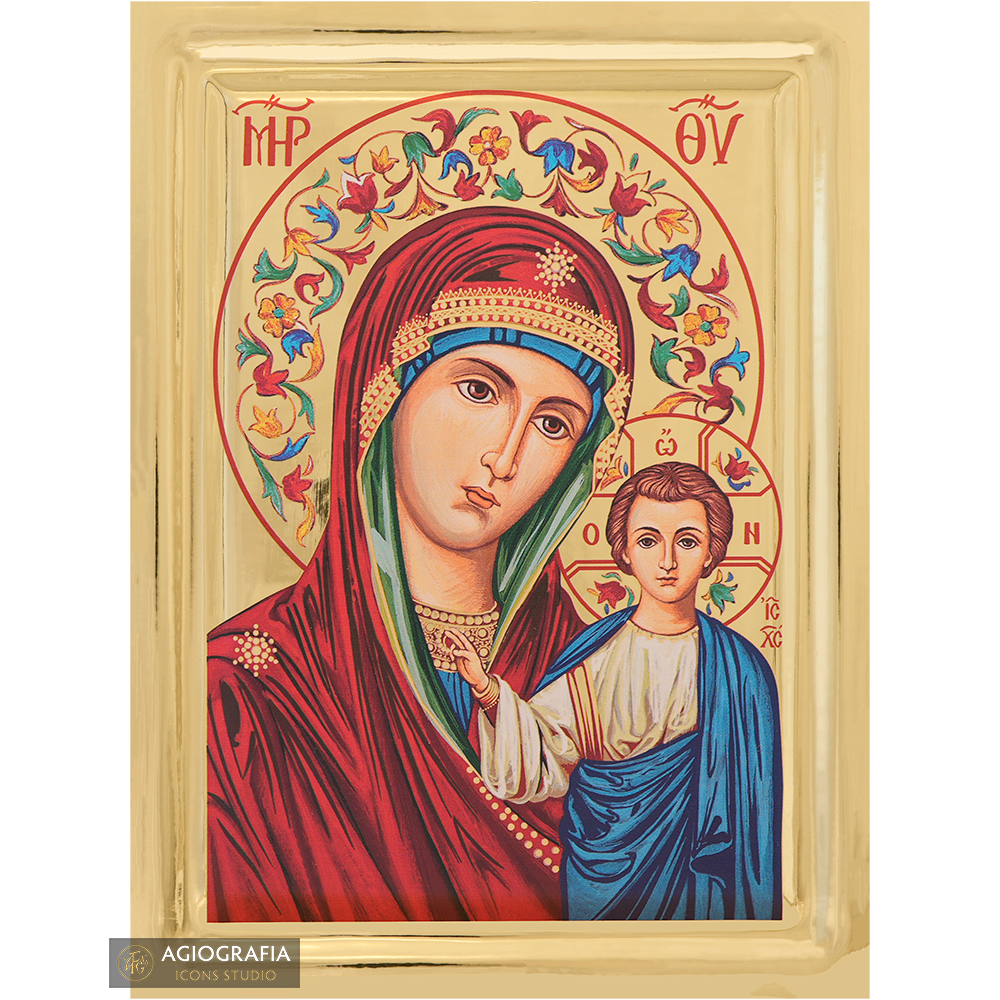 Virgin Mary of Kazan Greek Icon on Wood with Gilding Effect