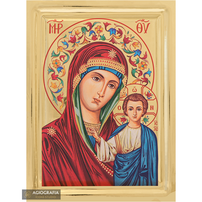 Vierge Marie de Kazan icône grecque sur bois avec effet de dorure