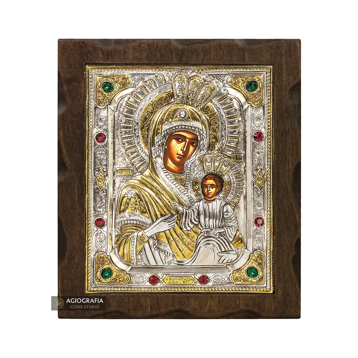 Virgin Mary Keeper of the Gate Silver Gold Plated Wood Icon with Crystals