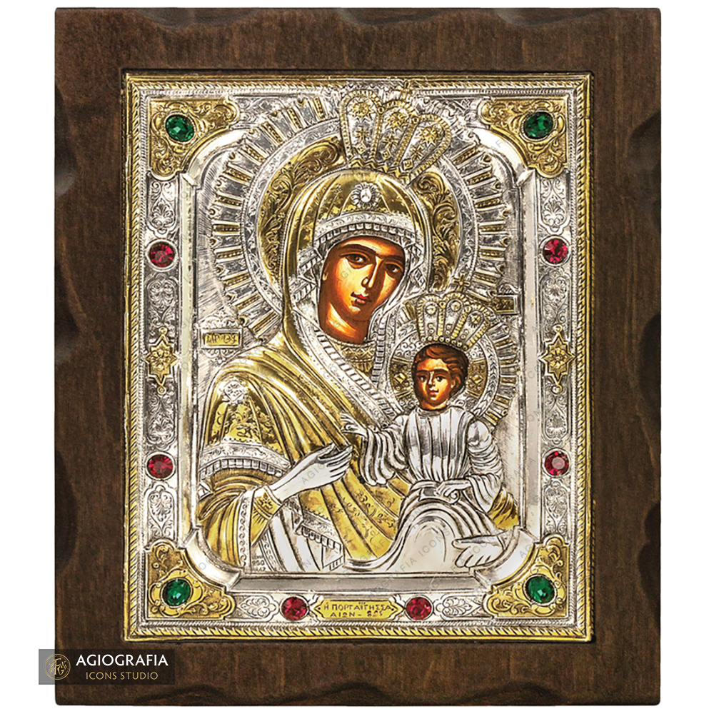 Virgin Mary Keeper of the Gate Silver Gold Plated Wood Icon with Crystals