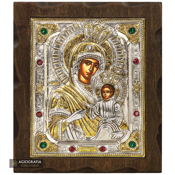Vergine Maria Portinaia icona in legno argentata e dorata con cristalli