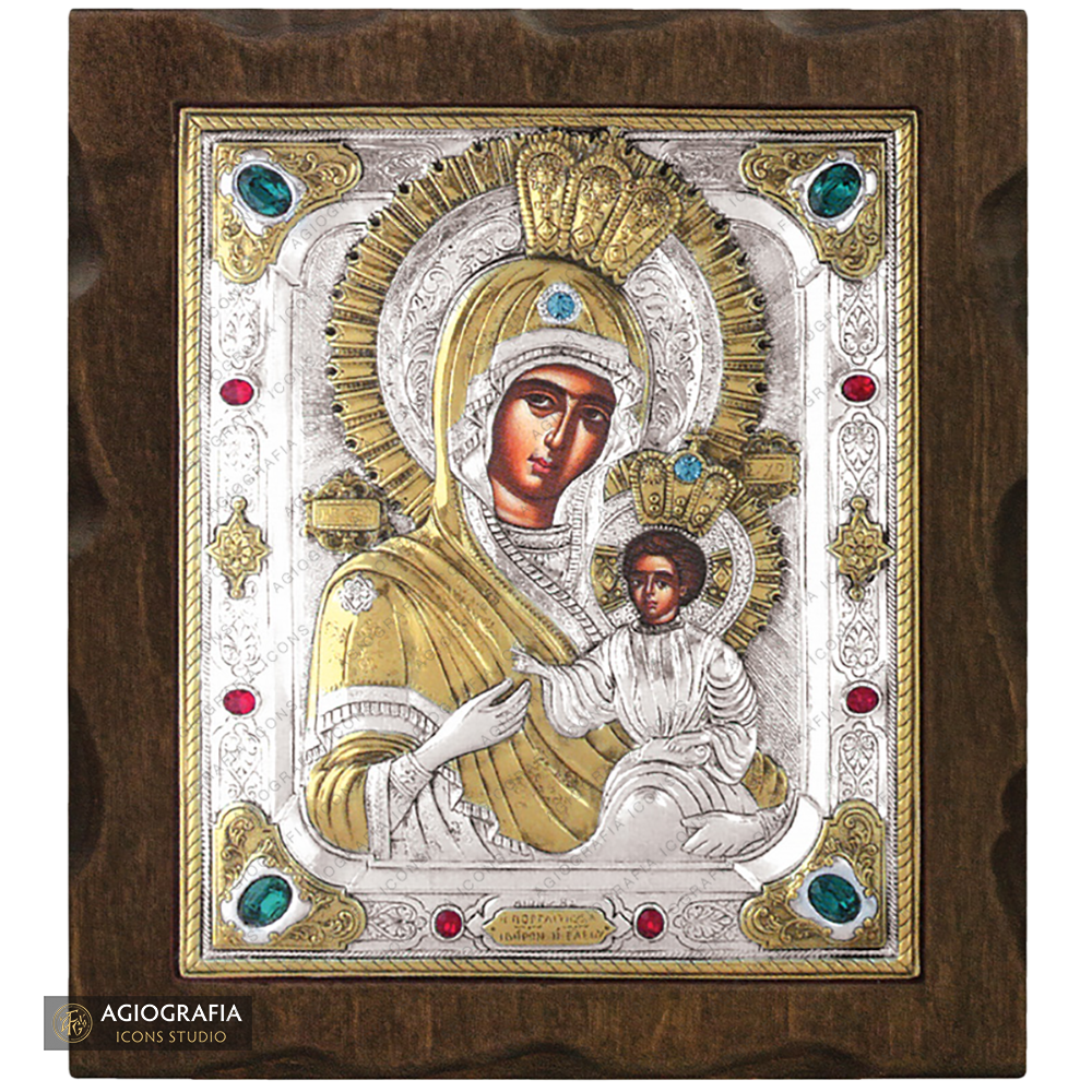 Virgin Mary Keeper of the Gate Silver Gold Plated Wood Icon with Crystals