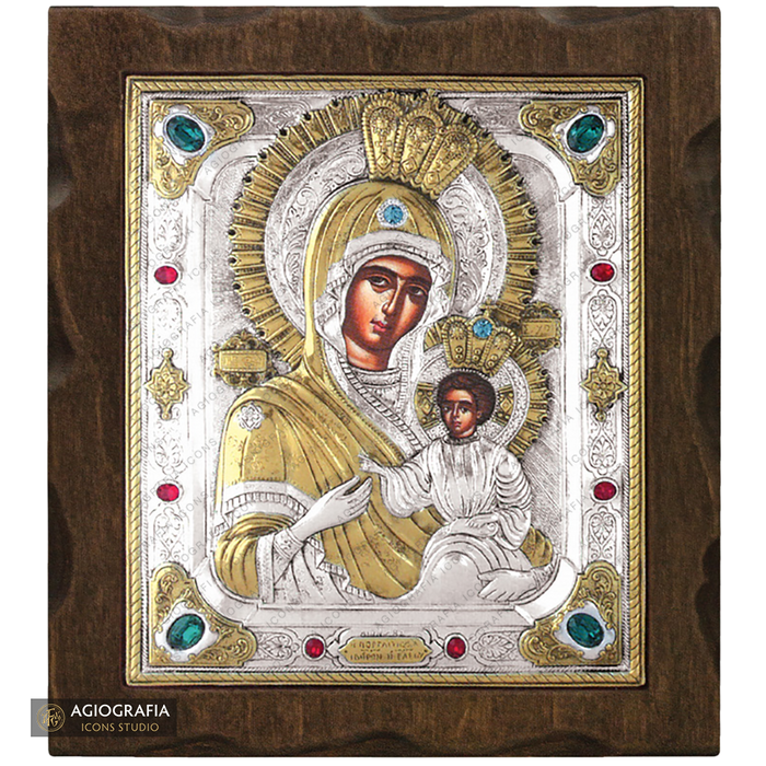 Vergine Maria Portinaia icona in legno argentata e dorata con cristalli