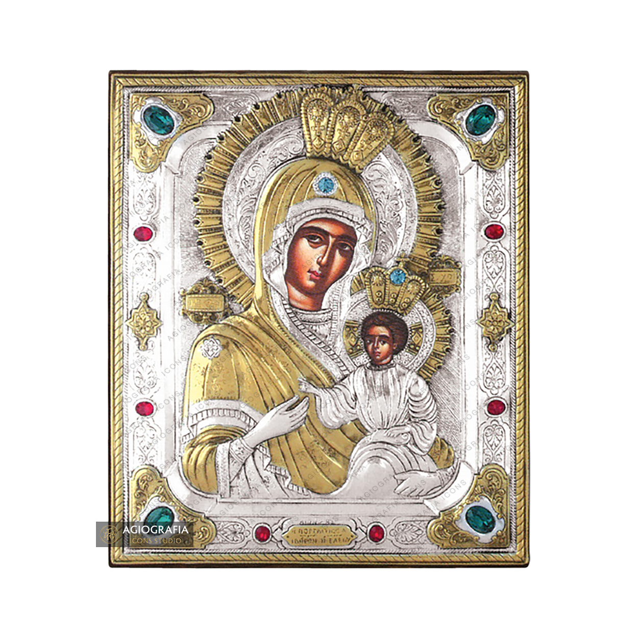 Virgin Mary Keeper of the Gate Silver Gold Plated Wood Icon with Crystals