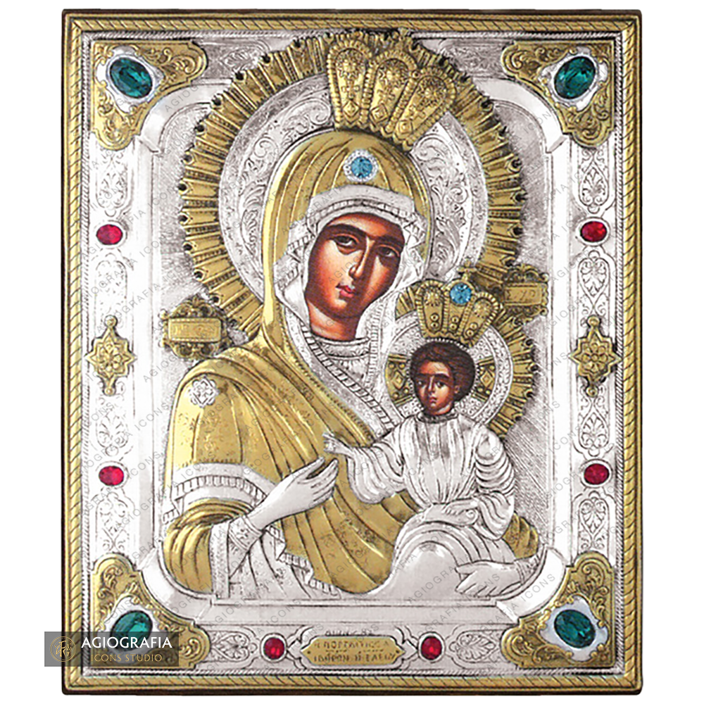 Virgin Mary Keeper of the Gate Silver Gold Plated Wood Icon with Crystals