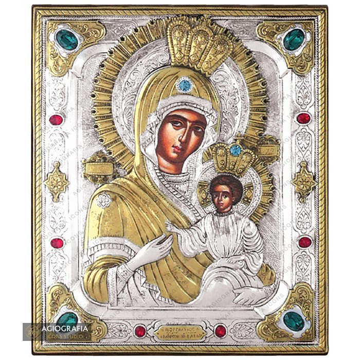 Vergine Maria Portinaia icona in legno argentata e dorata con cristalli