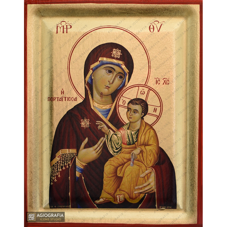 Vergine Maria Portaitissa Monte Athos icona su legno a foglia d'oro