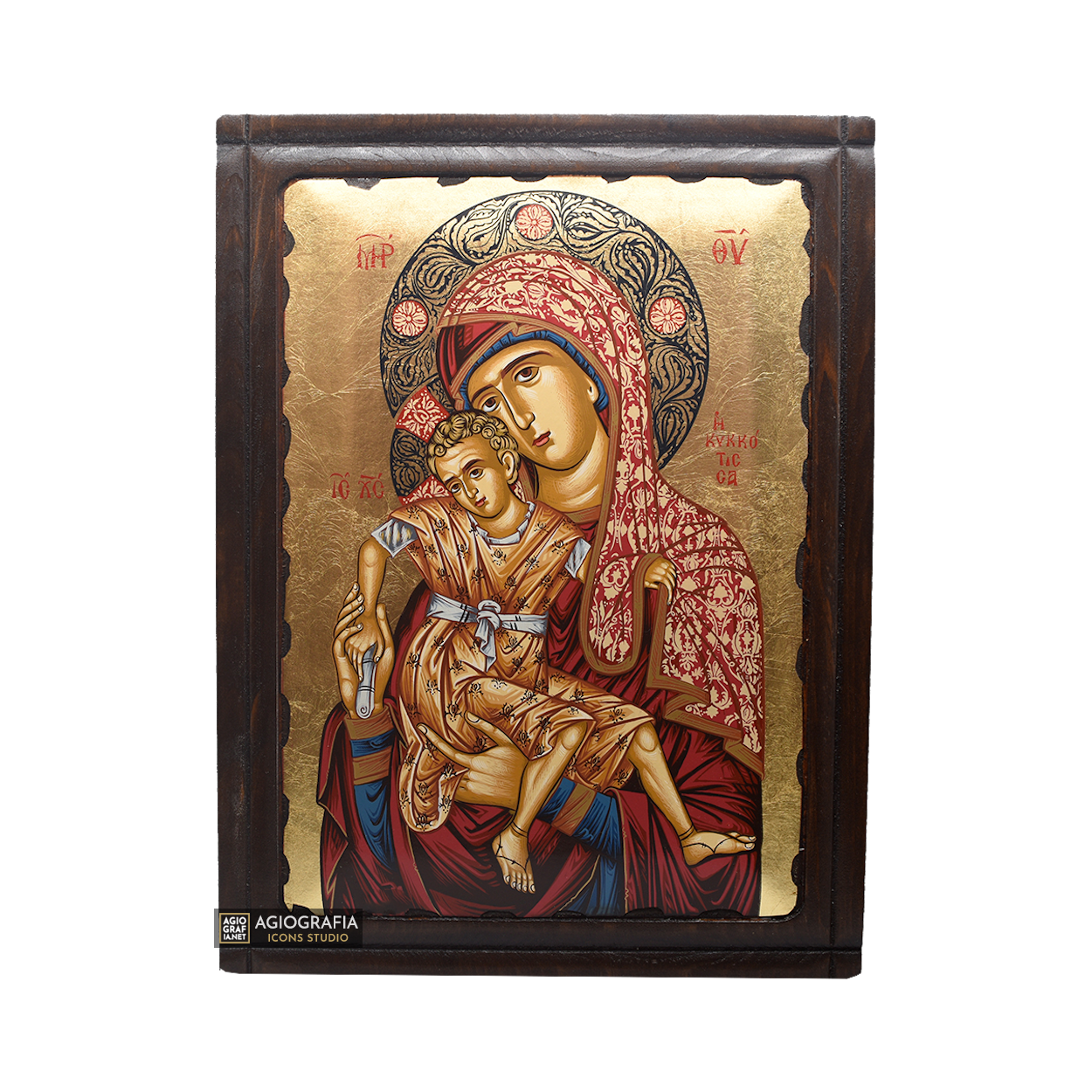 Virgin Mary of Kykkou Greek Orthodox Wood Icon with Gold Leaf