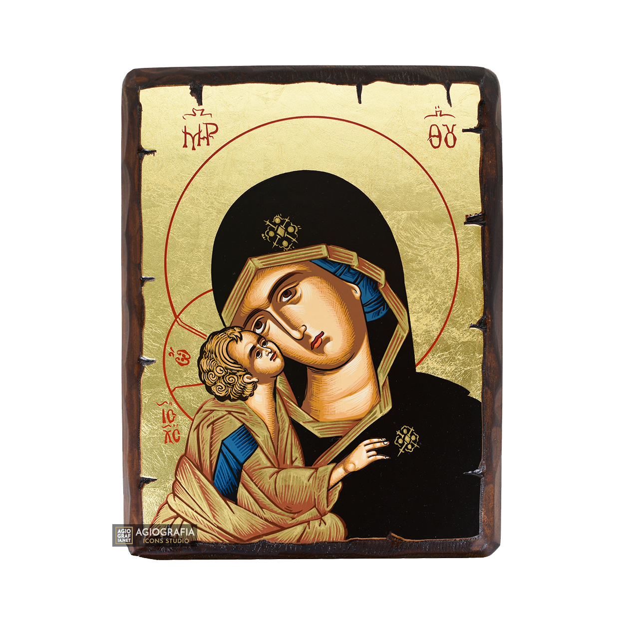 Virgin Mary of Great Grace Greek Orthodox Wood Icon with Gold Leaf