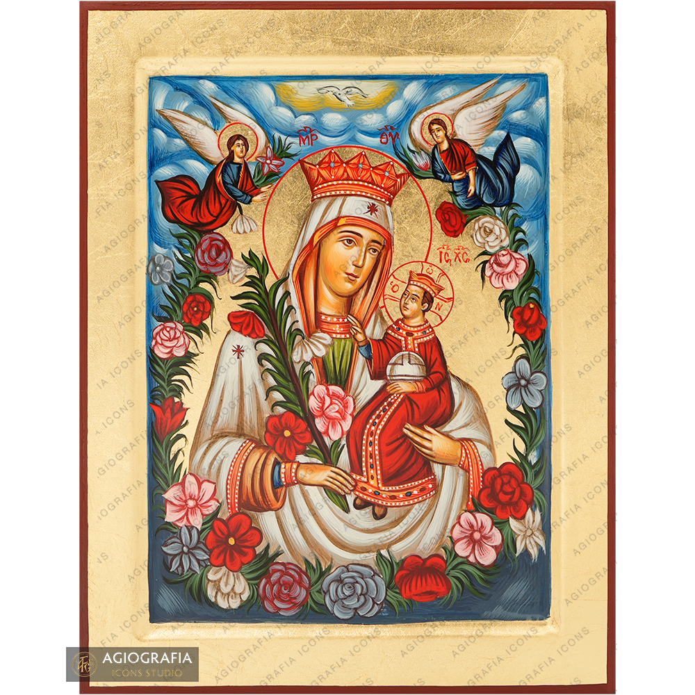 Virgin Mary Mystical Rose Handwritten Icon with Gold Leaves Background