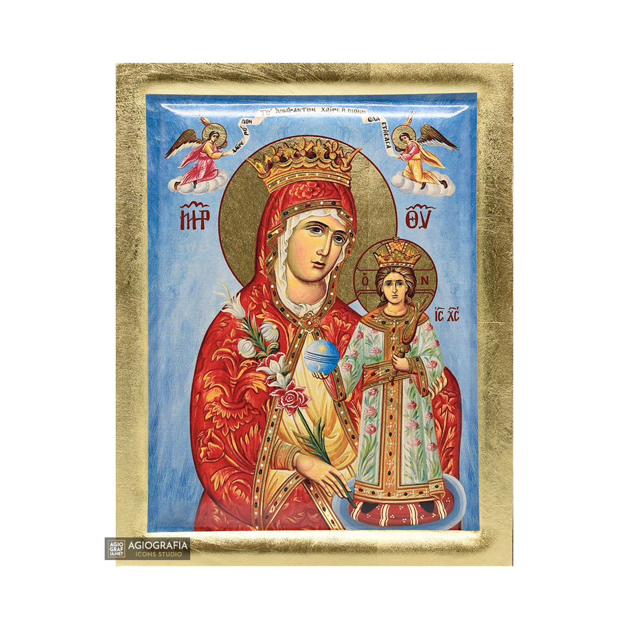 Virgin Mary the Mystical Rose Greek Orthodox Wood Icon with Gold Leaf