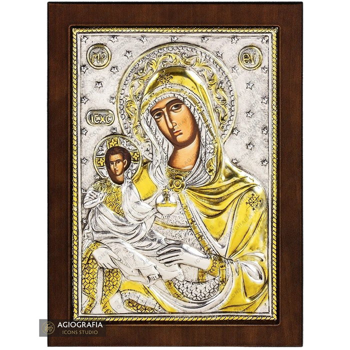 Vergine Maria con le stelle icona cristiana ortodossa placcata argento