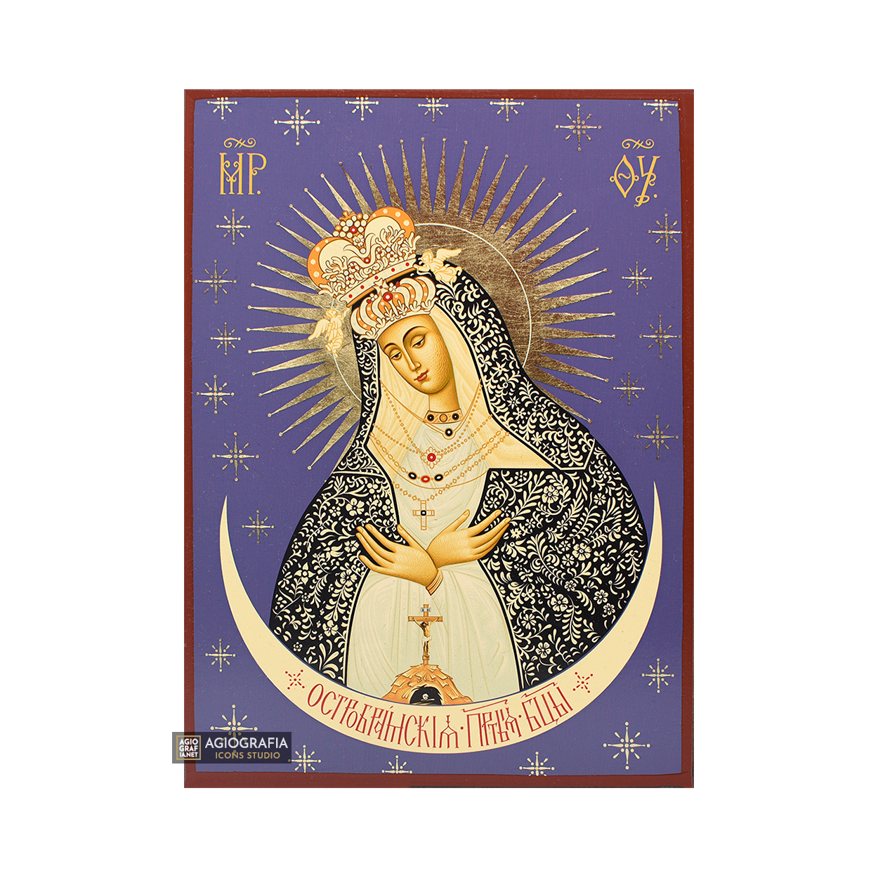 Virgin Mary Ostrobramska Christian Icon with Matte Gold Leaves
