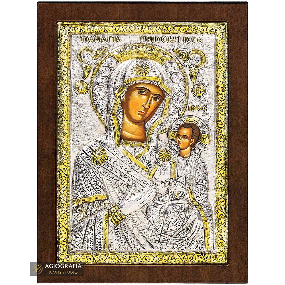 Virgen María Prousiotissa icono cristiano ortodoxo plateado