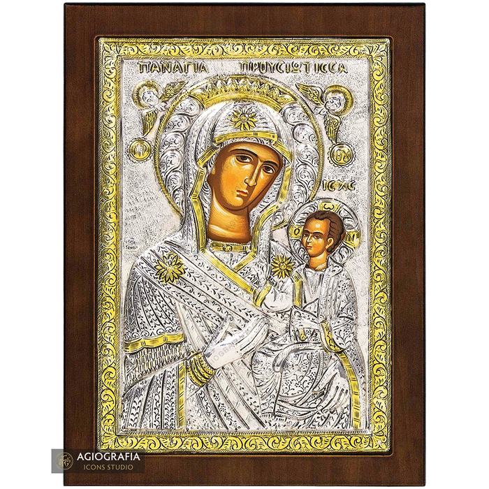 Vergine Maria Prousiotissa icona cristiana ortodossa placcata argento