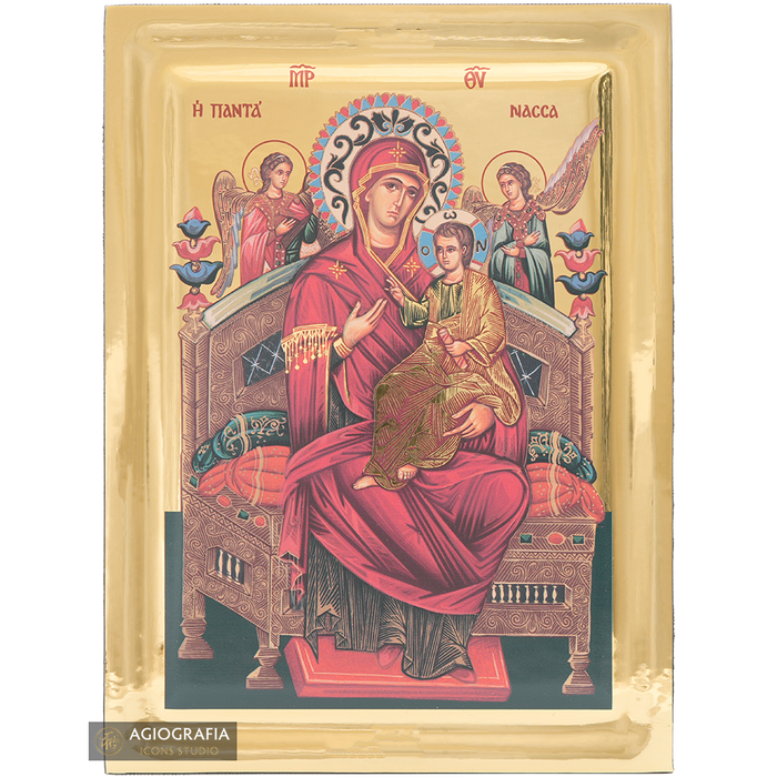 Virgin Mary Queen of All Greek Icon on Wood with Gilding Effect