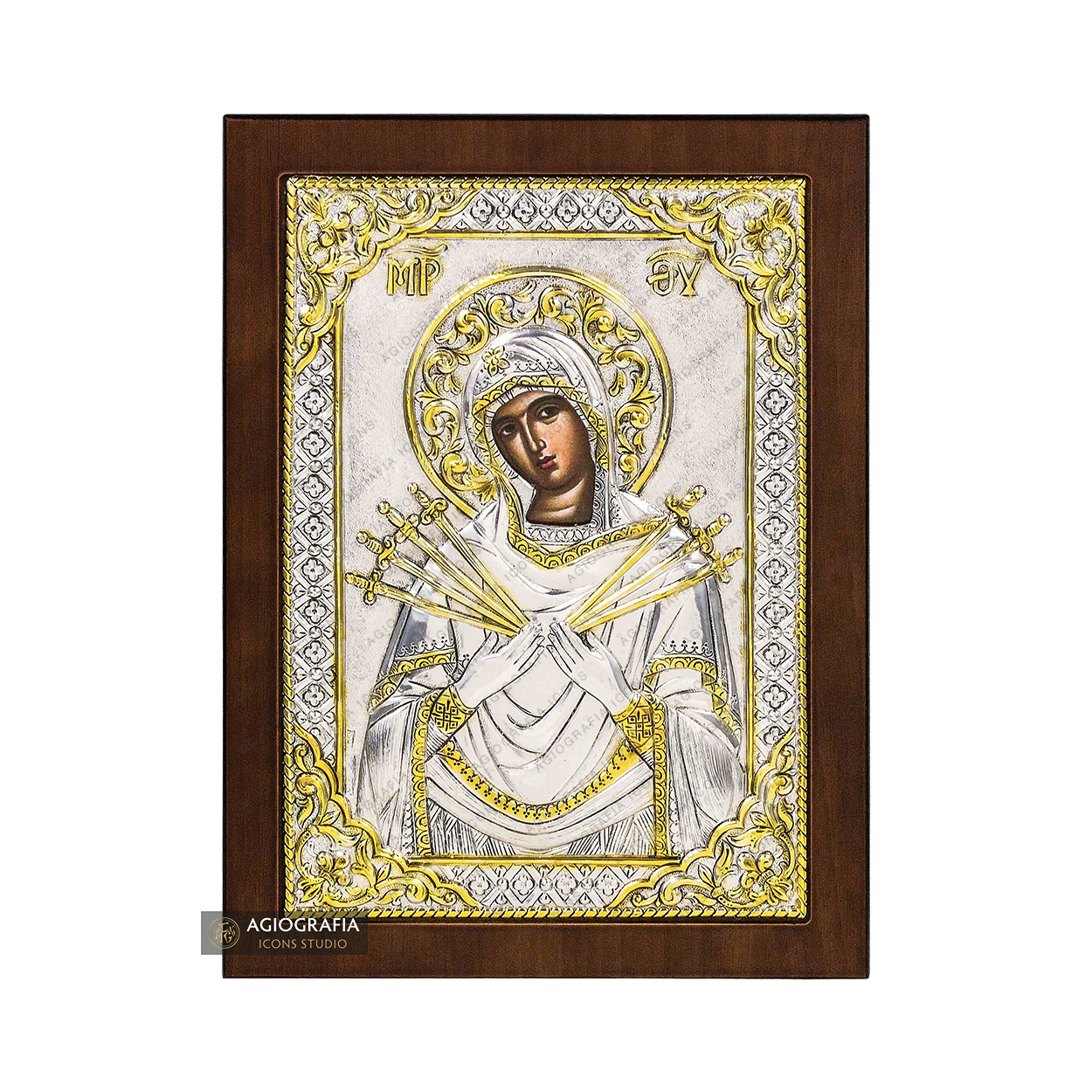 Virgin Mary with Seven Swords Christian Orthodox Silver Plated Icon