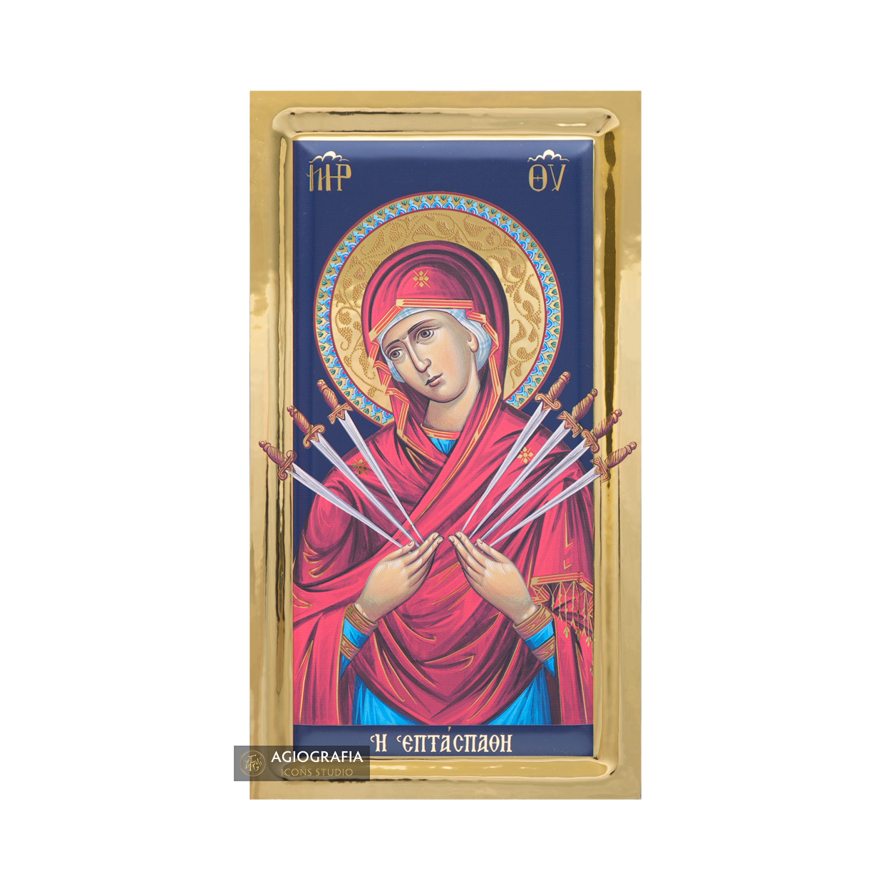 Virgin Mary with Seven Swords Orthodox Icon with Gilding Effect
