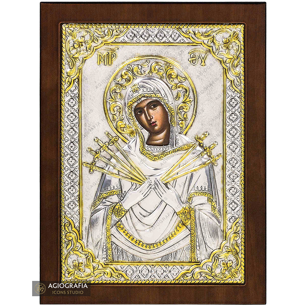 Virgin Mary with Seven Swords Christian Orthodox Silver Plated Icon