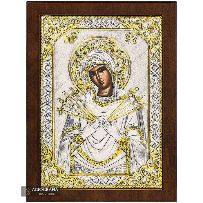 Vergine Maria dai sette spade icona cristiana ortodossa placcata argento
