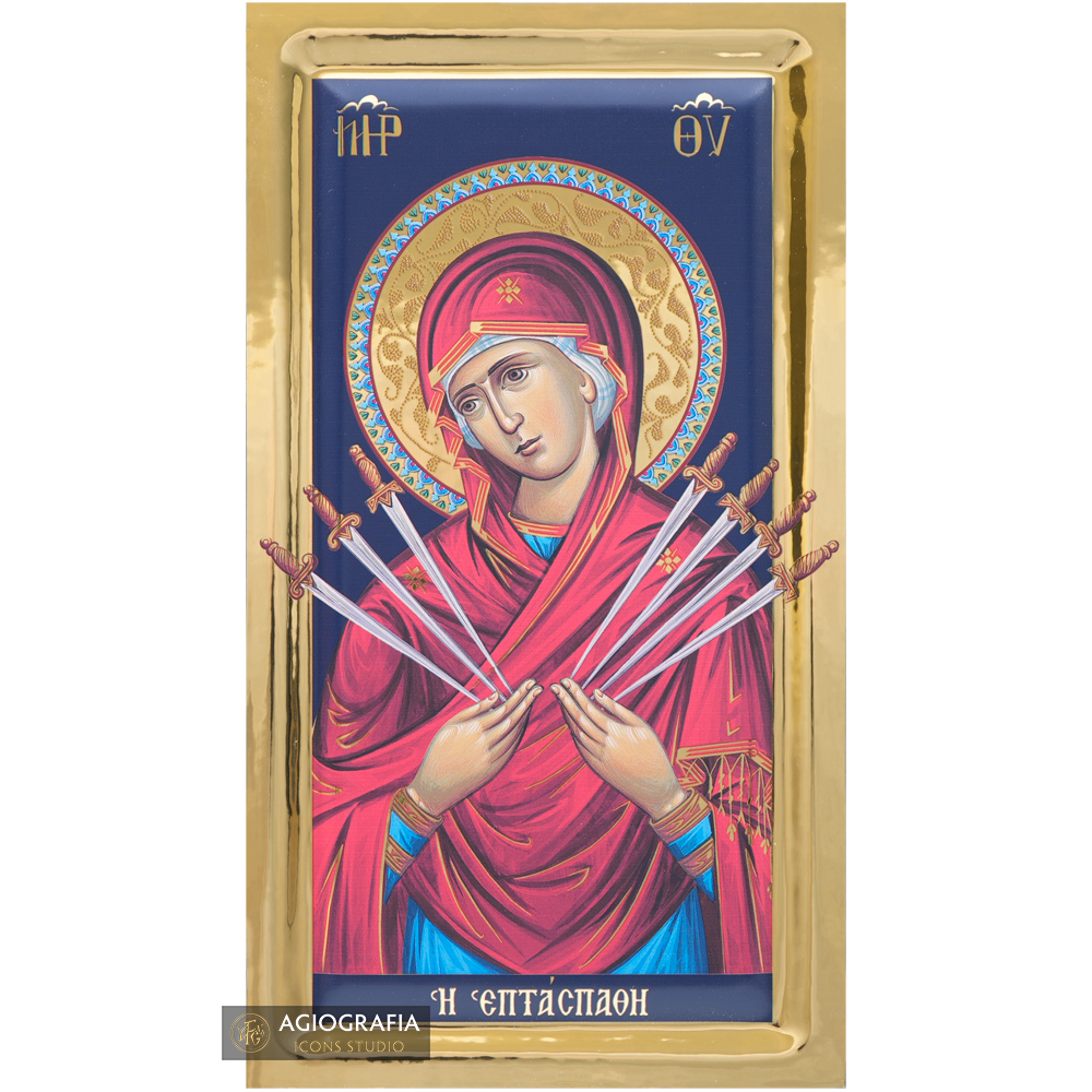 Virgin Mary with Seven Swords Orthodox Icon with Gilding Effect