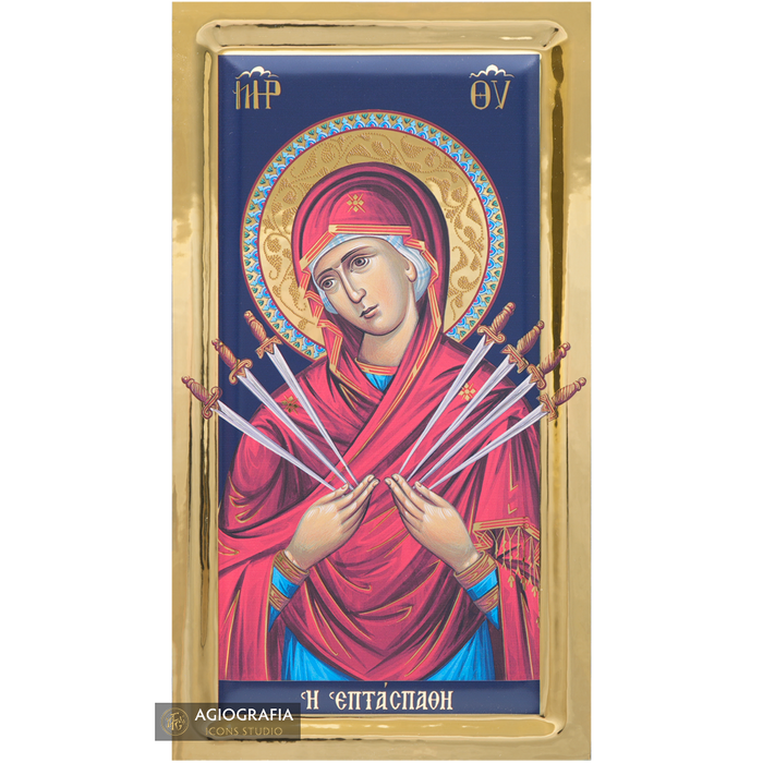 Gottesmutter mit den sieben Schwertern orthodoxe Ikone mit Vergoldungseffekt
