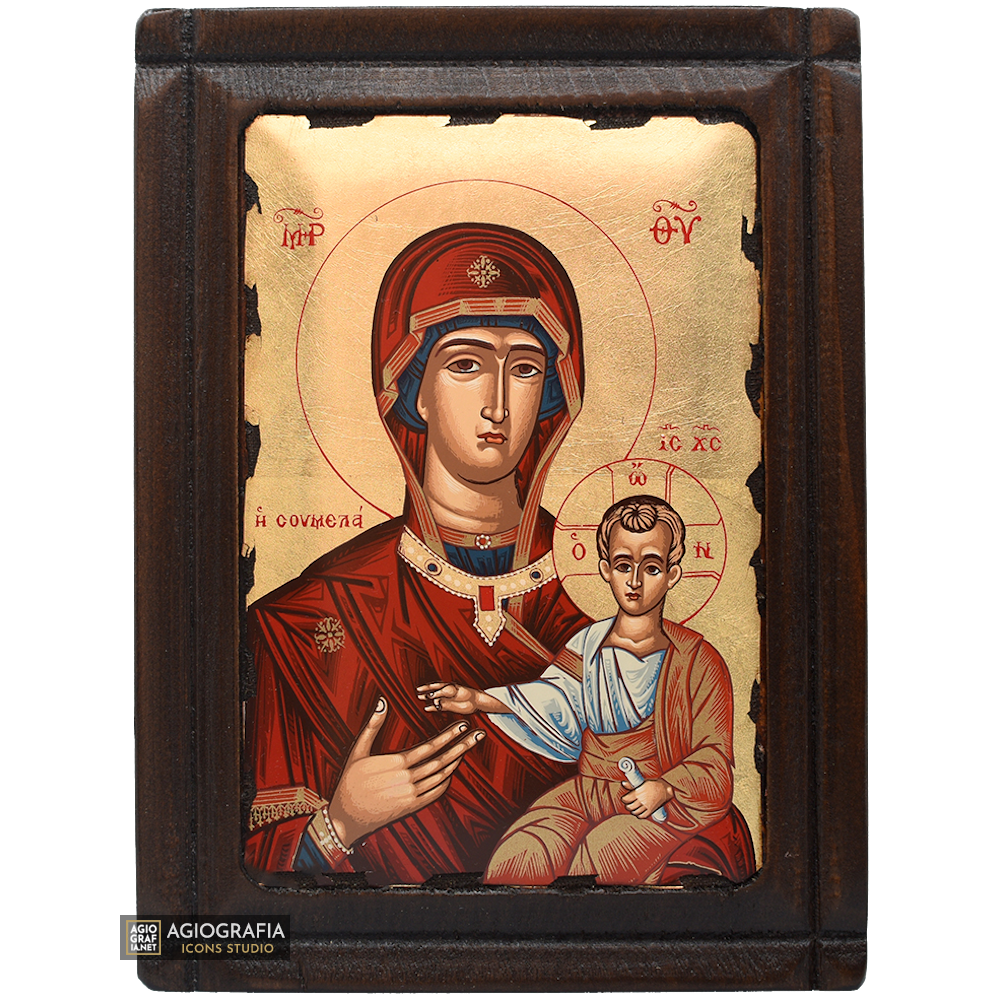 Virgin Mary Soumela from Pontos Orthodox Wood Icon with Gold Leaf