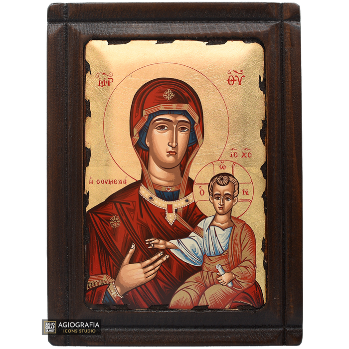 Virgin Mary Soumela from Pontos Orthodox Wood Icon with Gold Leaf