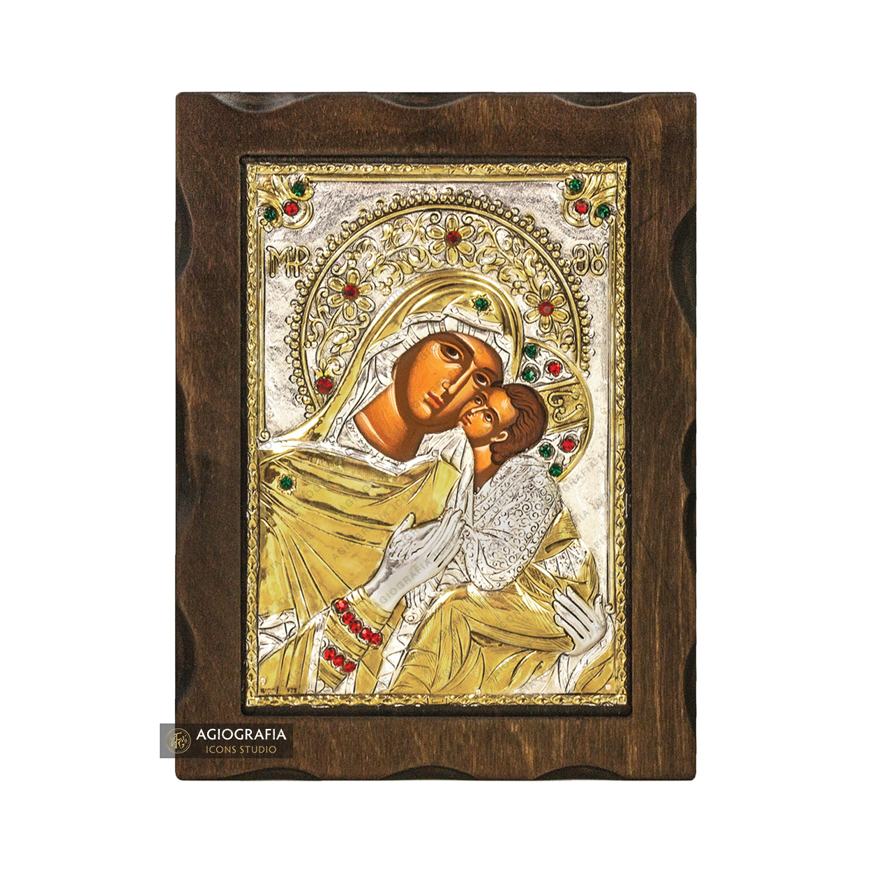 Virgin Mary Sweet Kissing Silver Gold Plated Wood Icon with Crystals