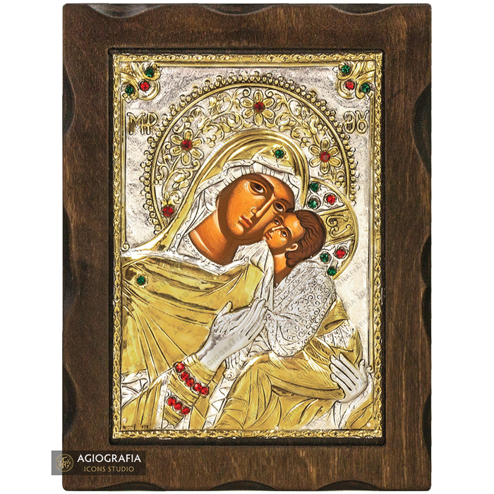 Vierge Marie de la Tendresse icône en bois argentée et dorée avec cristaux