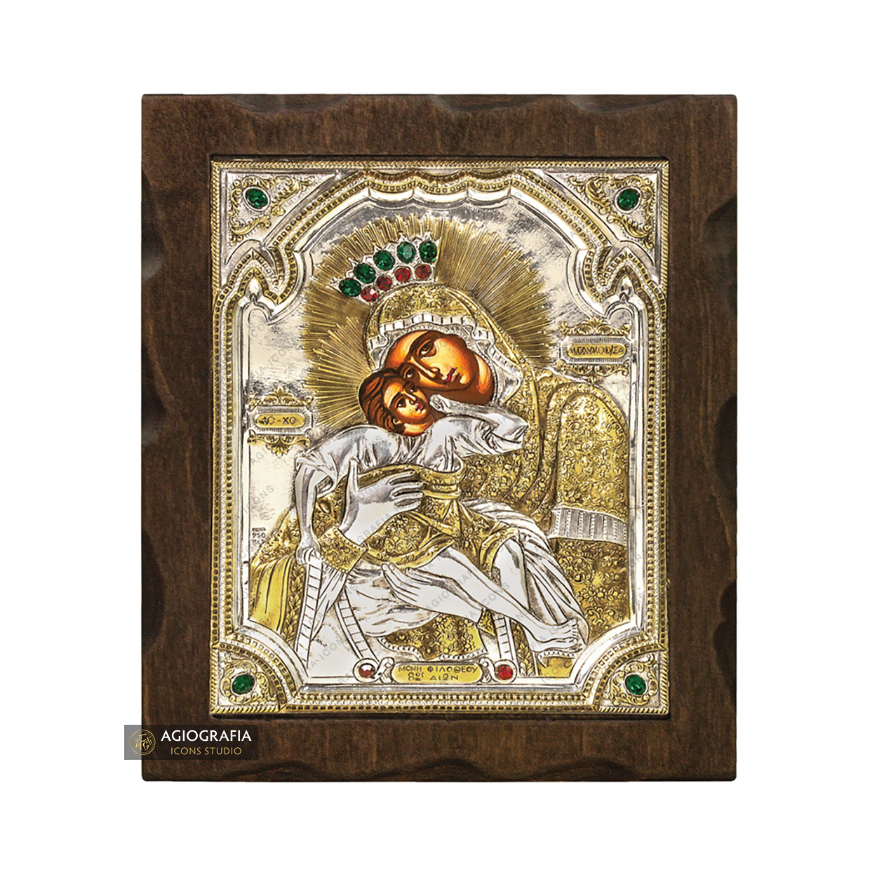 Virgin Mary Sweet Kissing Silver Gold Plated Wood Icon with Crystals