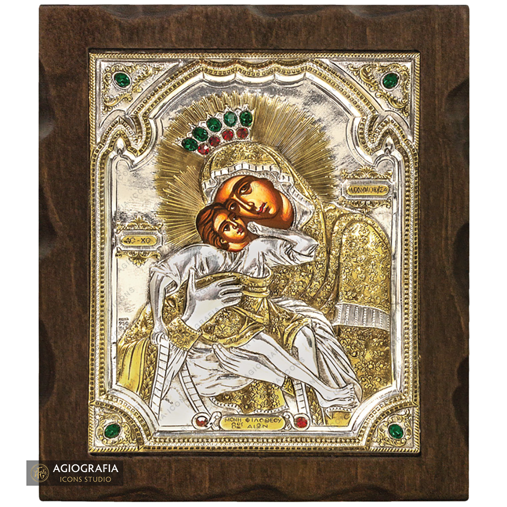 Virgin Mary Sweet Kissing Silver Gold Plated Wood Icon with Crystals