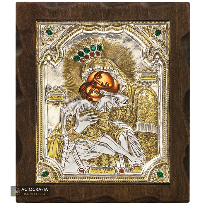 Vergine Maria della Tenerezza icona in legno argentata e dorata con cristalli