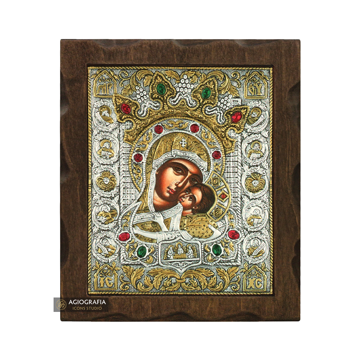 Virgin Mary Sweet Kissing Silver Gold Plated Wood Icon with Crystals