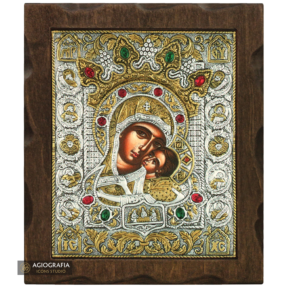 Virgin Mary Sweet Kissing Silver Gold Plated Wood Icon with Crystals