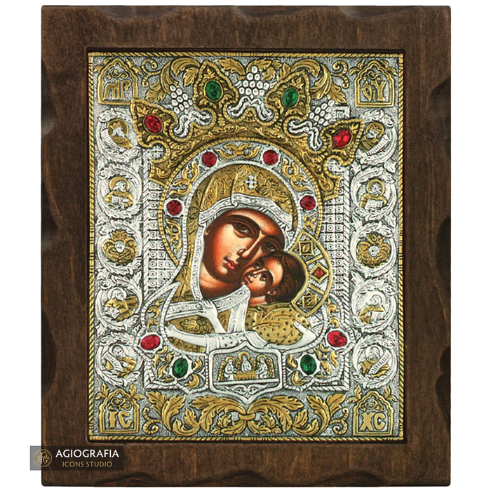 Vergine Maria della Tenerezza icona in legno argentata e dorata con cristalli