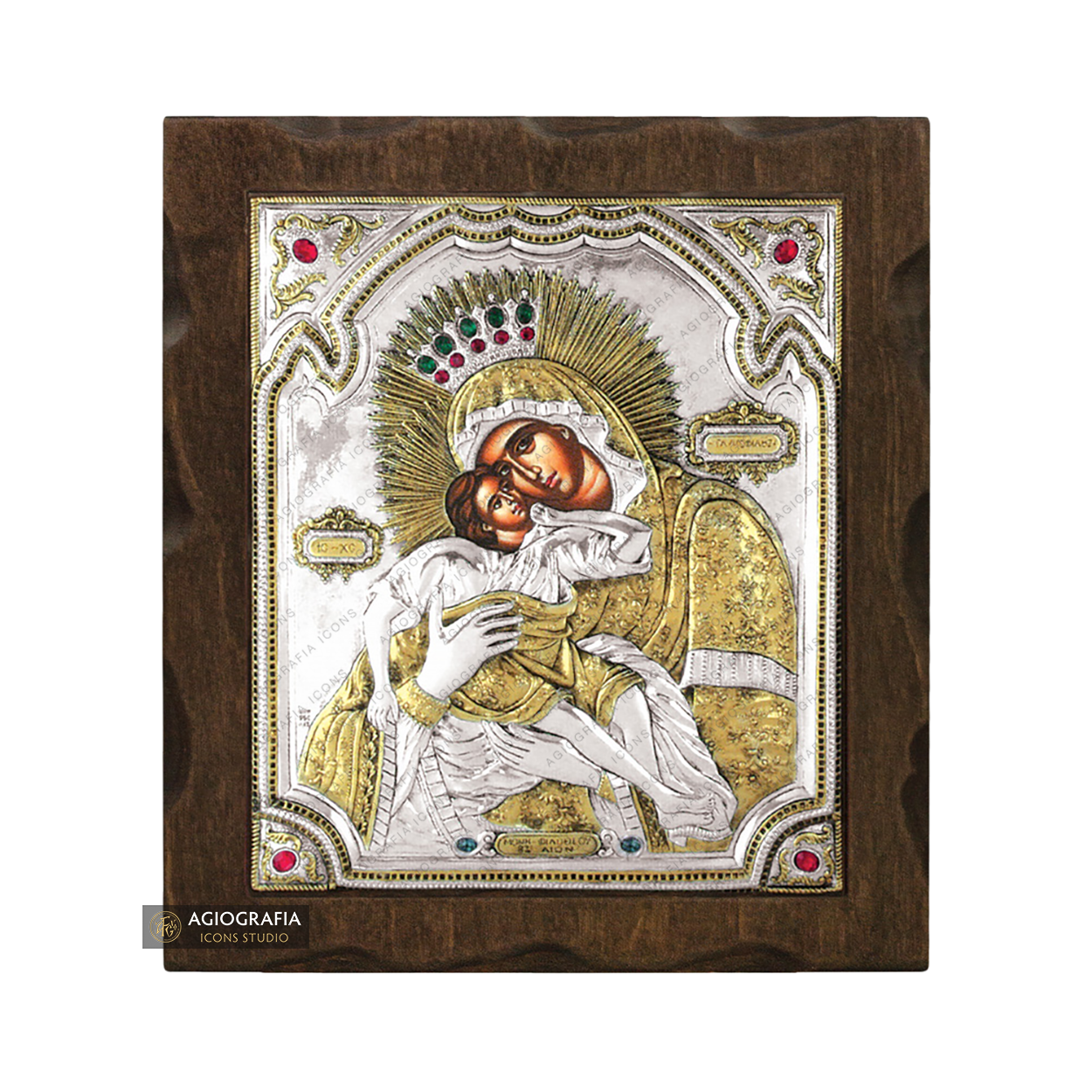 Virgin Mary Sweet Kissing Silver Gold Plated Wood Icon with Crystals