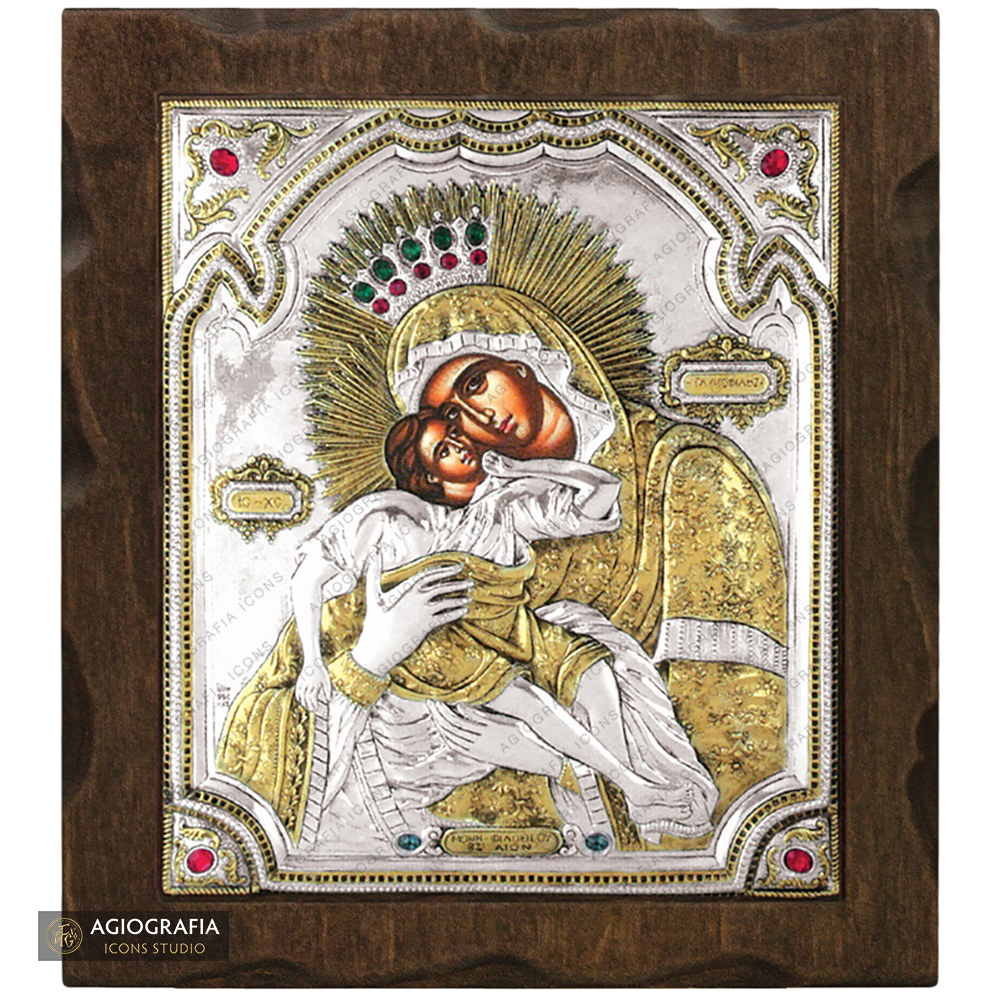 Virgin Mary Sweet Kissing Silver Gold Plated Wood Icon with Crystals