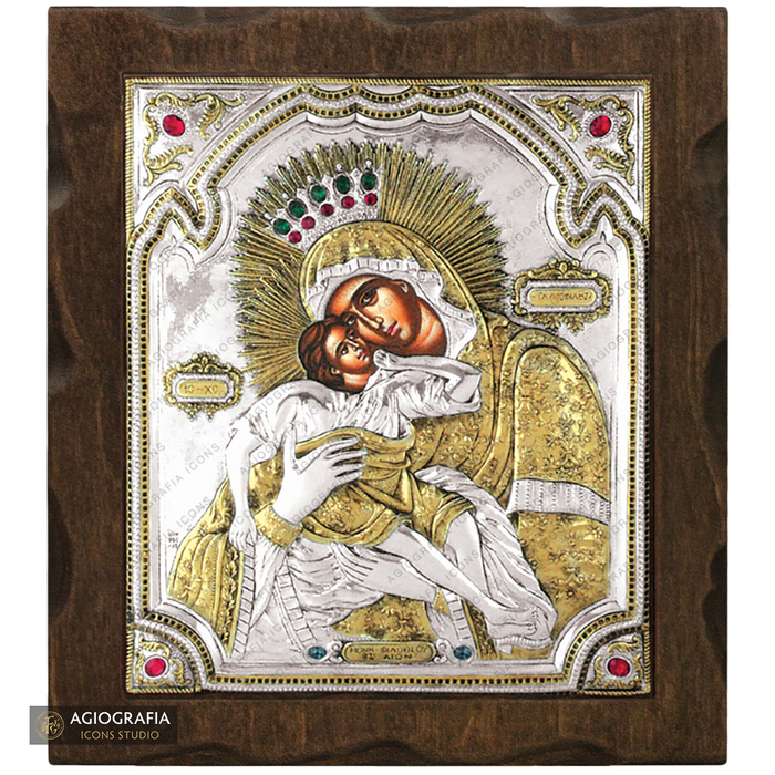 Vergine Maria della Tenerezza icona in legno argentata e dorata con cristalli