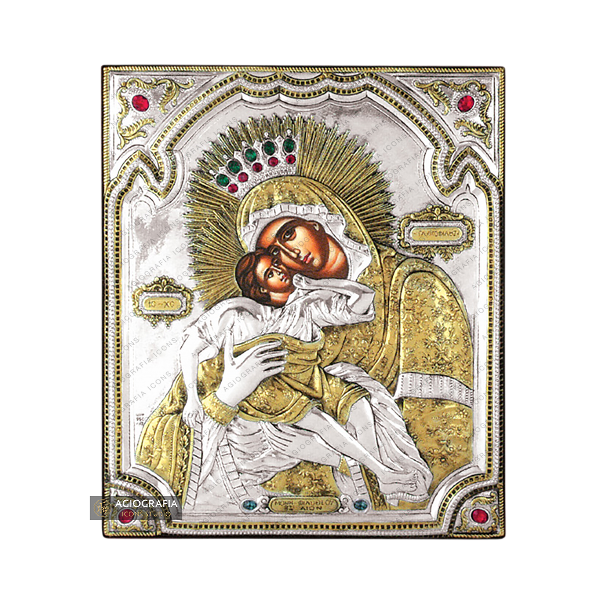 Virgin Mary Sweet Kissing Silver Gold Plated Wood Icon with Crystals