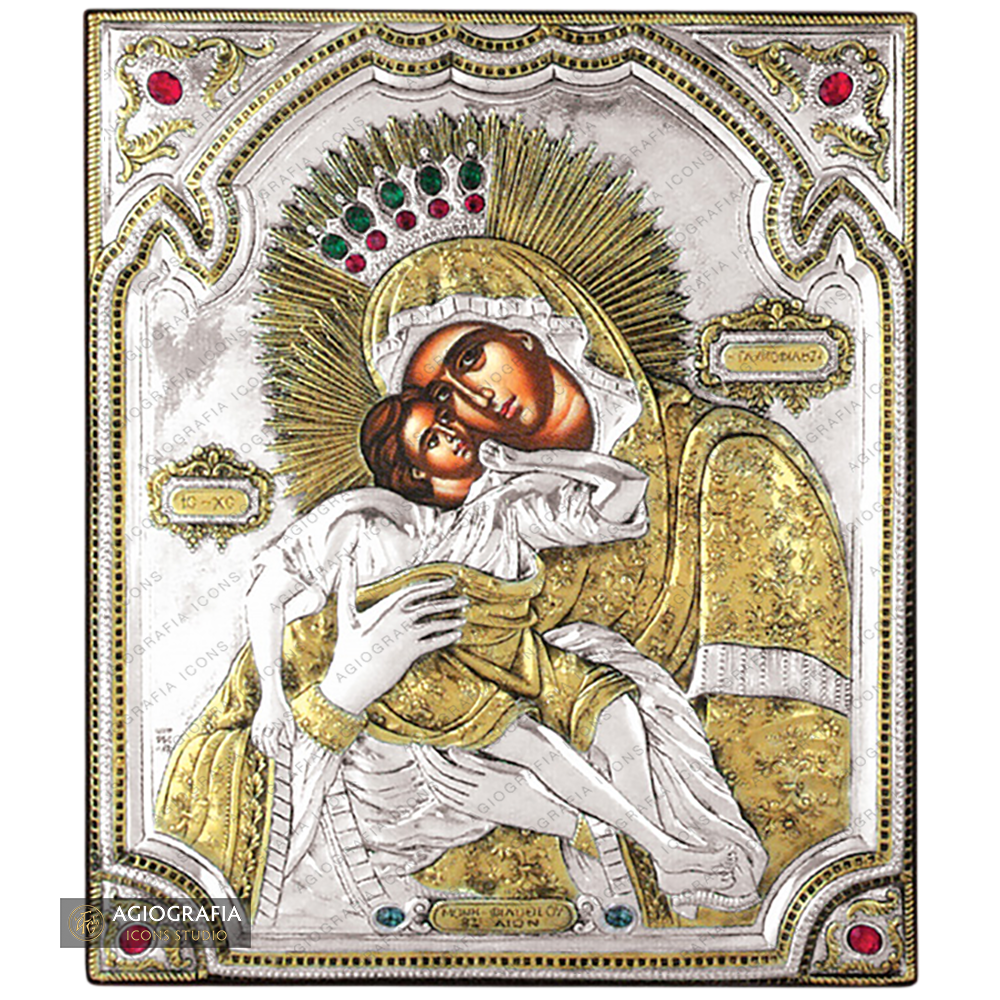 Virgin Mary Sweet Kissing Silver Gold Plated Wood Icon with Crystals