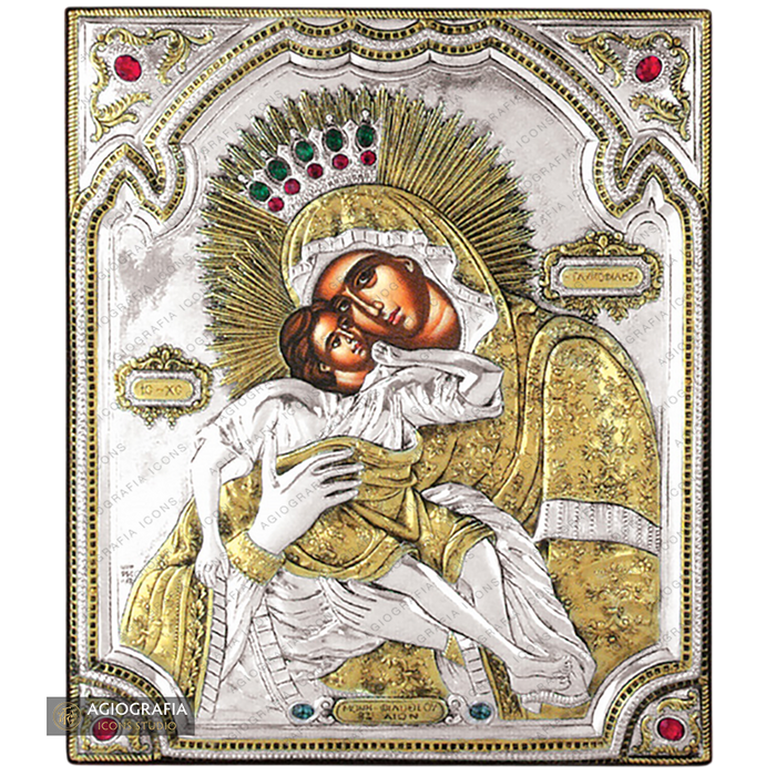 Vergine Maria della Tenerezza icona in legno argentata e dorata con cristalli