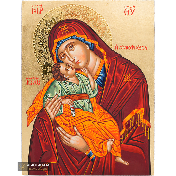 Vergine Maria della Tenerezza, icona dipinta a mano con foglie d'oro e aureola incisa lucidata 24k