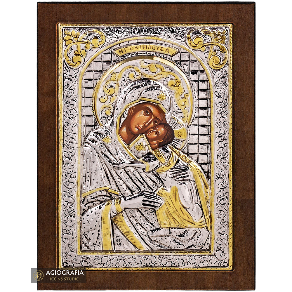 Virgin Mary the Sweet Kissing Christian Orthodox Silver Plated Icon