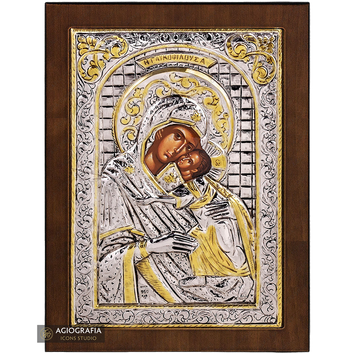 Vergine Maria della Tenerezza icona cristiana ortodossa argentata