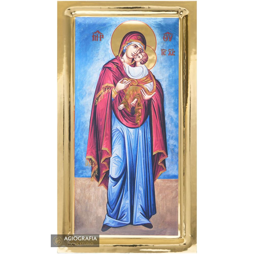 Virgin Mary Sweet Kissing Orthodox Icon with Gilding Effect