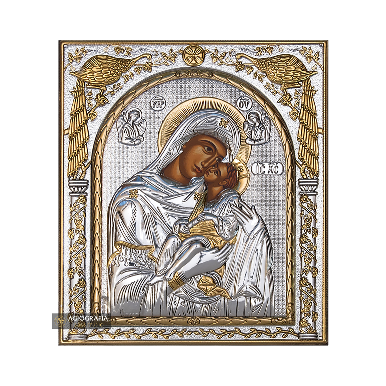 Virgin Mary Sweet Kissing Silver Gold Plated Wood Icon
