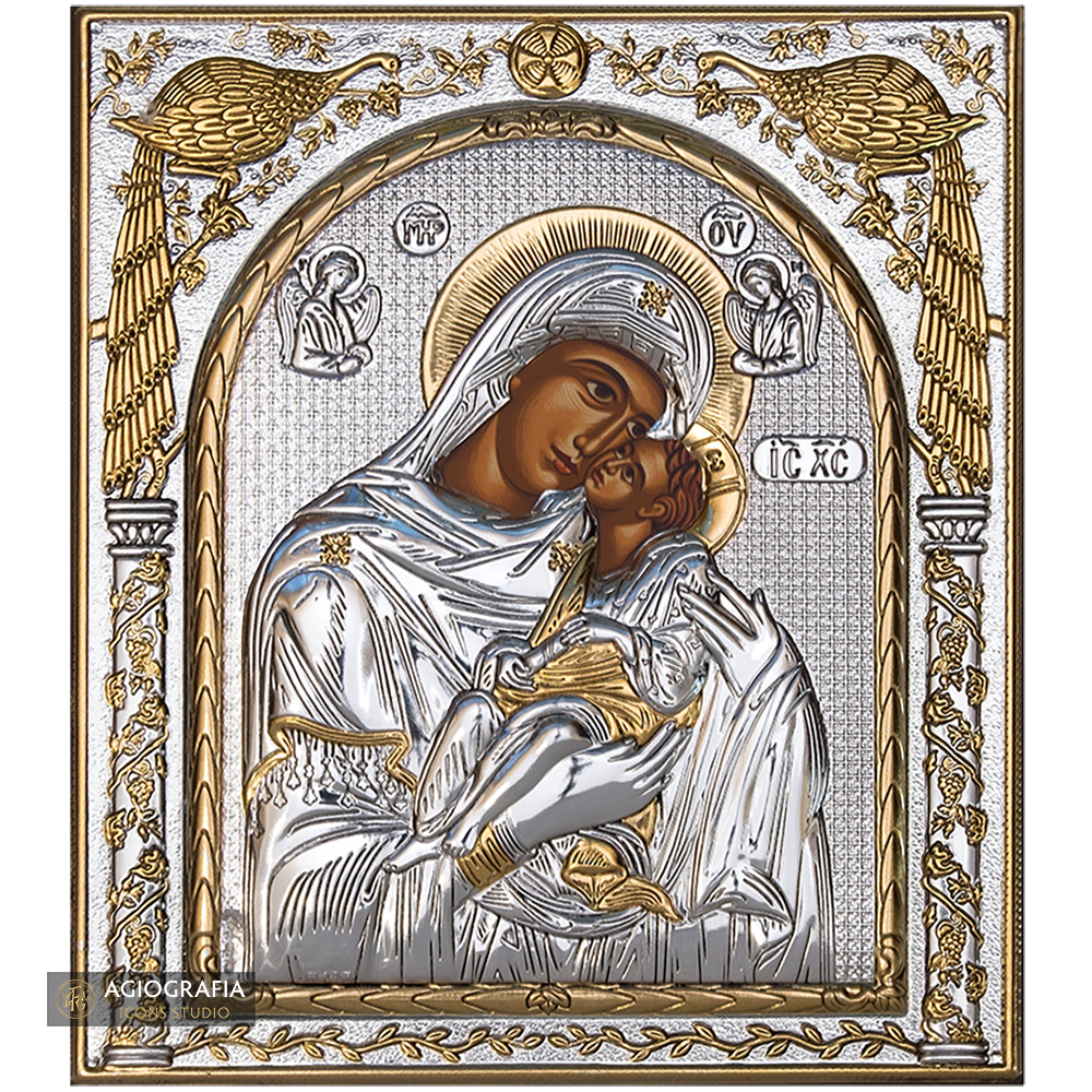 Virgin Mary Sweet Kissing Silver Gold Plated Wood Icon