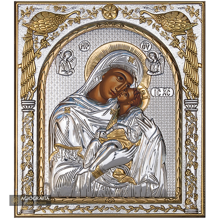Virgin Mary Sweet Kissing Silver Gold Plated Wood Icon