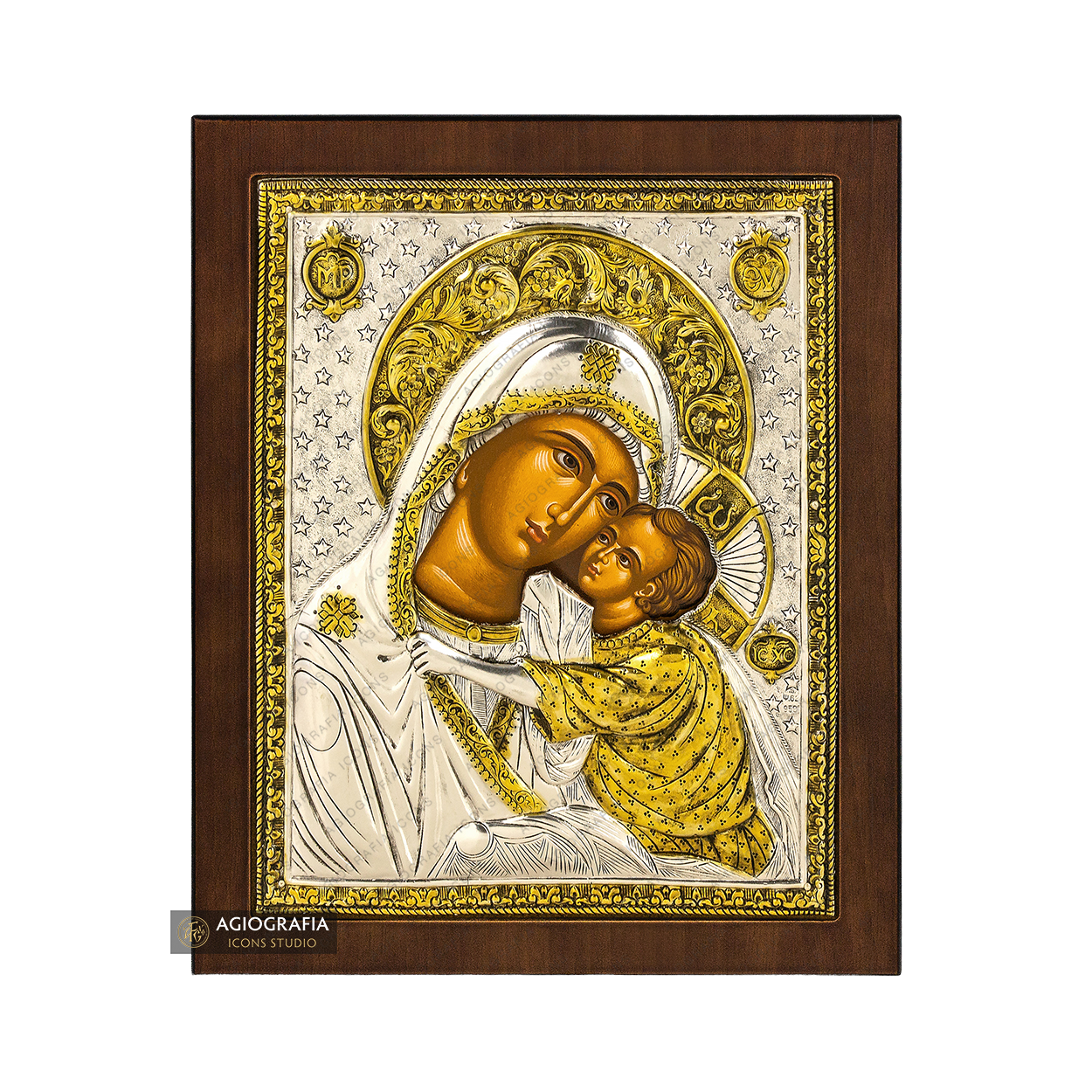 Virgin Mary Sweet Kissing Silver Gold Plated Icon on Wood
